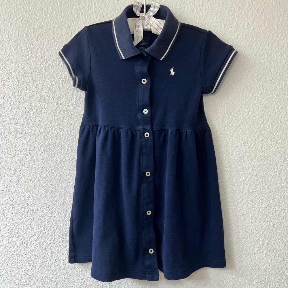 ♥️HP Ralph Lauren Button Down Polo Fit and Flare Dress 4T Navy White Collared